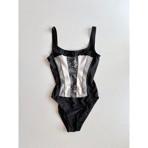 Vintage ARIELLA Black White Patchwork Square Neck One Piece Swimsuit, Size 8